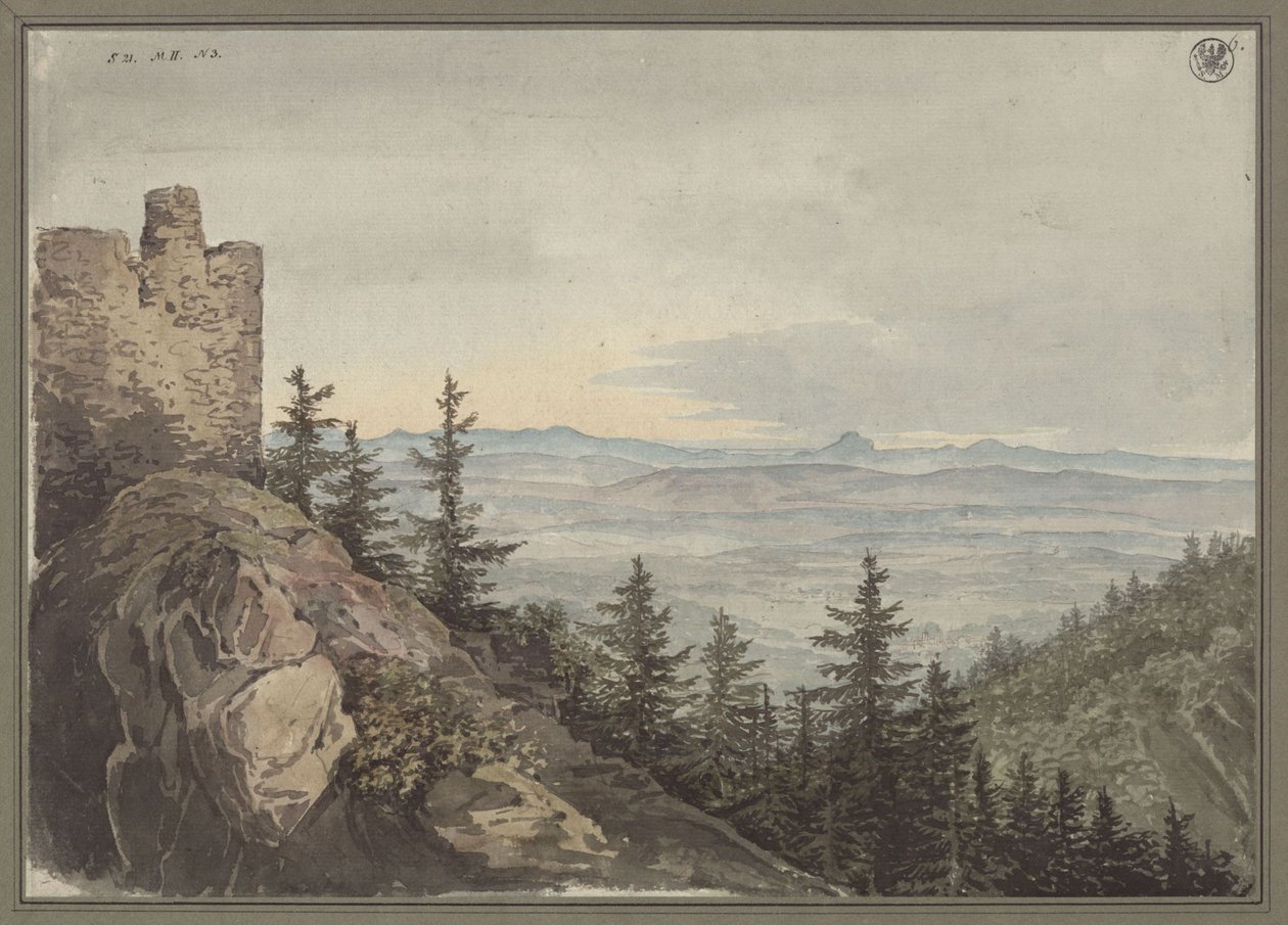Utsikt fra ruinene av Geiersburg over sletten ved Teplitz med klosteret Maria Schein, med de bøhmiske fjellene i bakgrunnen av Karl Friedrich Schinkel