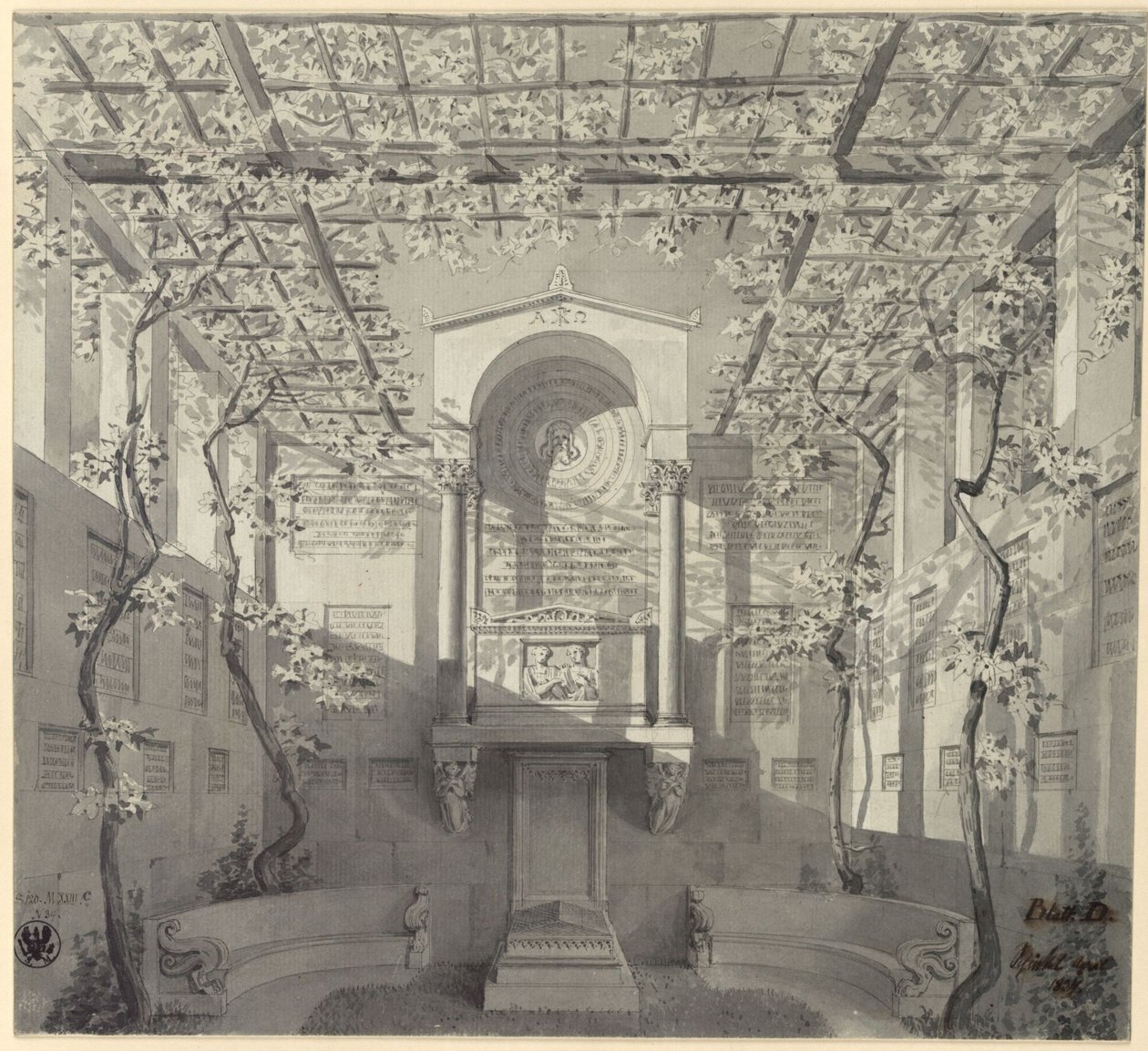 Bonn. Utkast til gravmonument for Barthold Georg Niebuhr, med pergola av Karl Friedrich Schinkel