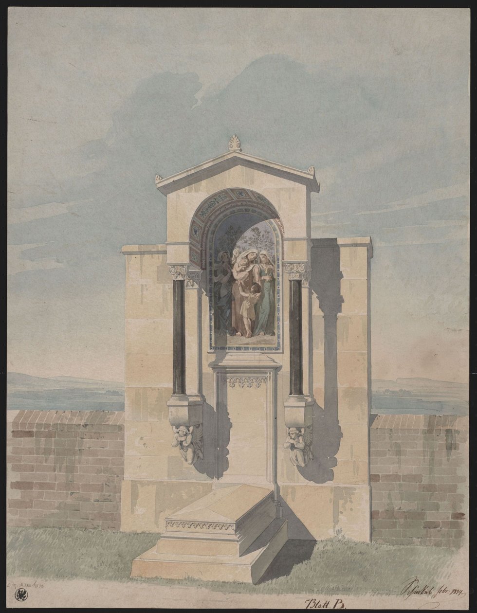 Bonn. Utkast til gravmonumentet for Barthold Georg Niebuhr, med bildet av de kristne dydene «Tro, Kjærlighet, Håp» av Karl Friedrich Schinkel