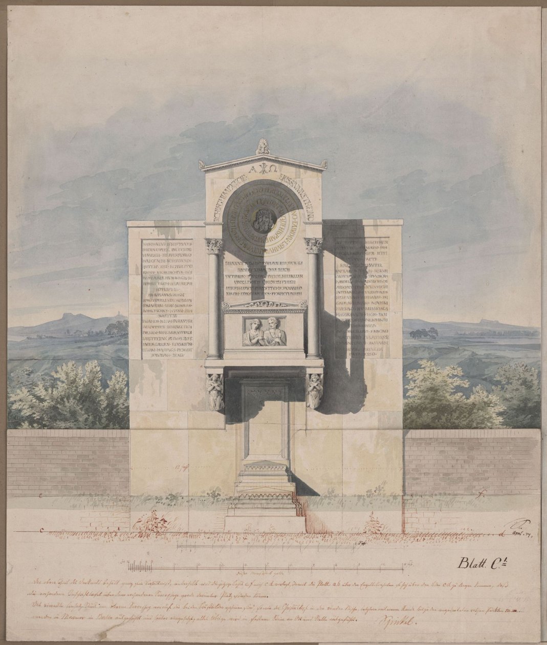 Bonn. Utkast til gravmonumentet for Barthold Georg Niebuhr, med et relieffportrett av ekteparet av Karl Friedrich Schinkel