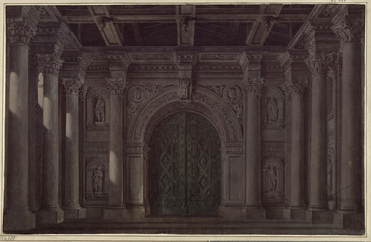 Bruden fra Messina. Sorgspill av Friedrich Schiller. Utkast til 1. og siste scenedekorasjon. Hall med søyler og portal av Karl Friedrich Schinkel