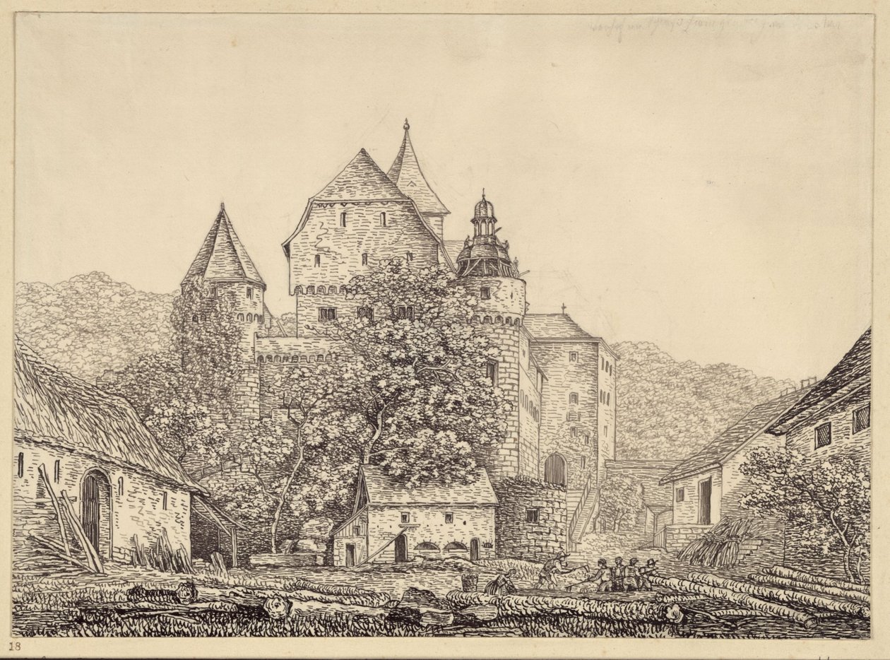 Slottslignende bygningsgruppe i et fjellandskap av Karl Friedrich Schinkel