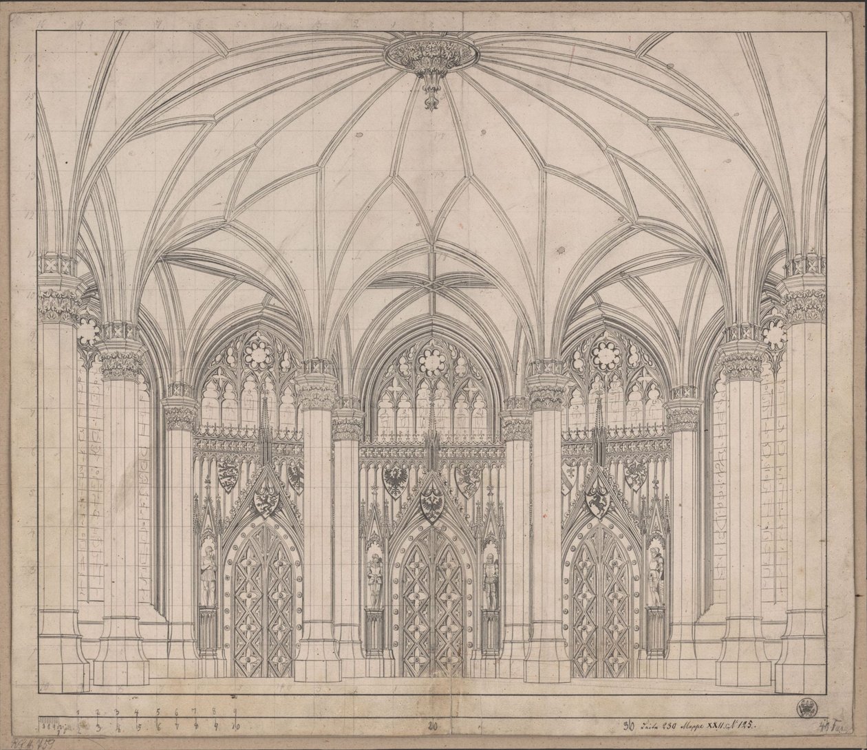 Dekorasjon til alminnelig bruk. Gotisk rom med tre dører og brede vinduer av Karl Friedrich Schinkel