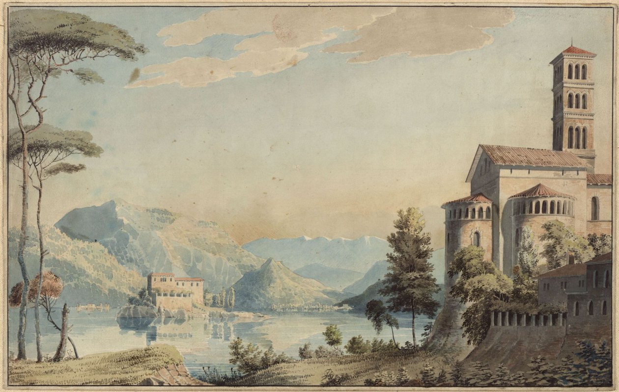 Dekorasjon til alminnelig bruk. Landskap med innsjø og kirke av Karl Friedrich Schinkel