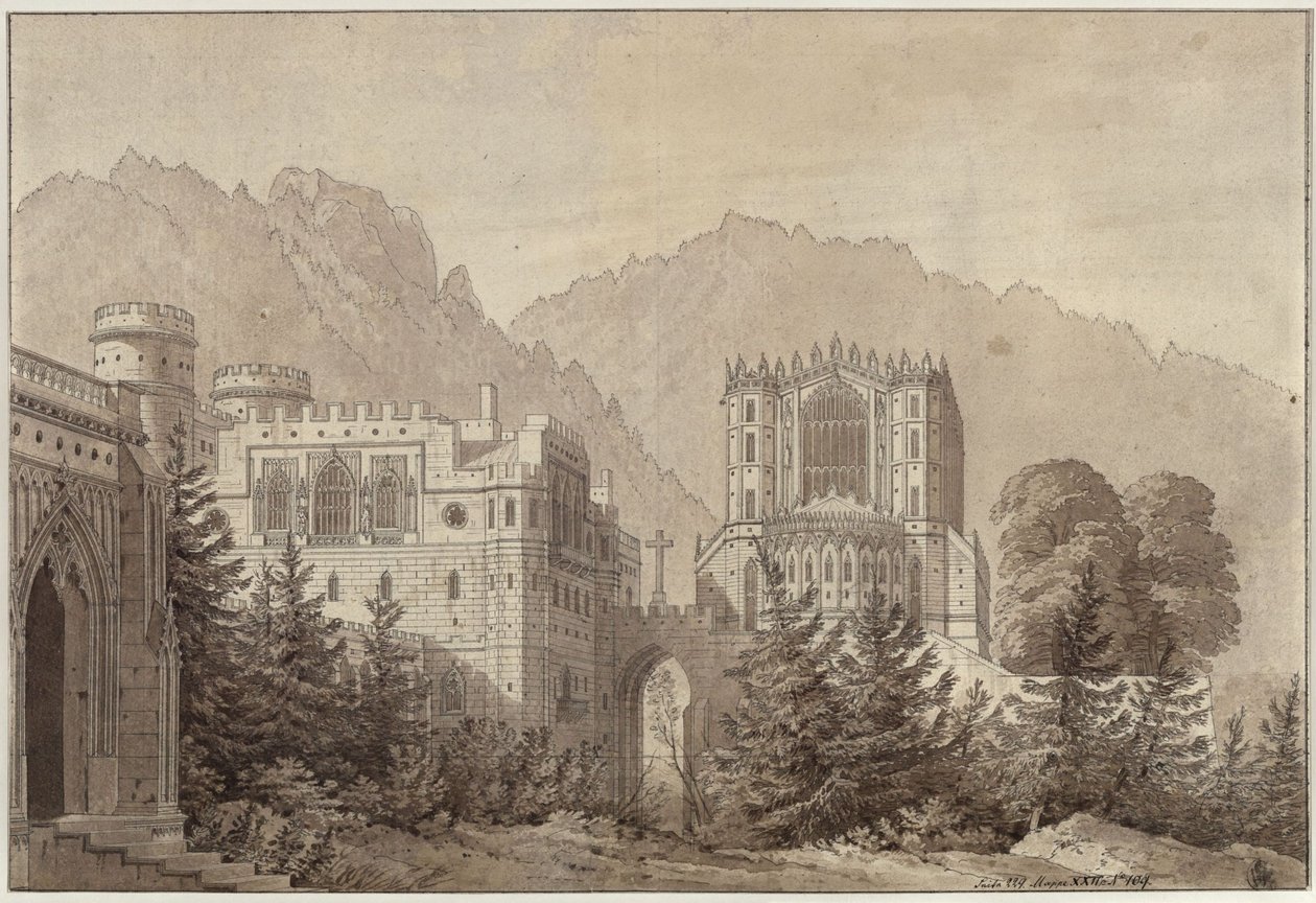 Dekorasjon til allmenn bruk. Middelaldersk borganlegg. Woodstock Castle av Karl Friedrich Schinkel