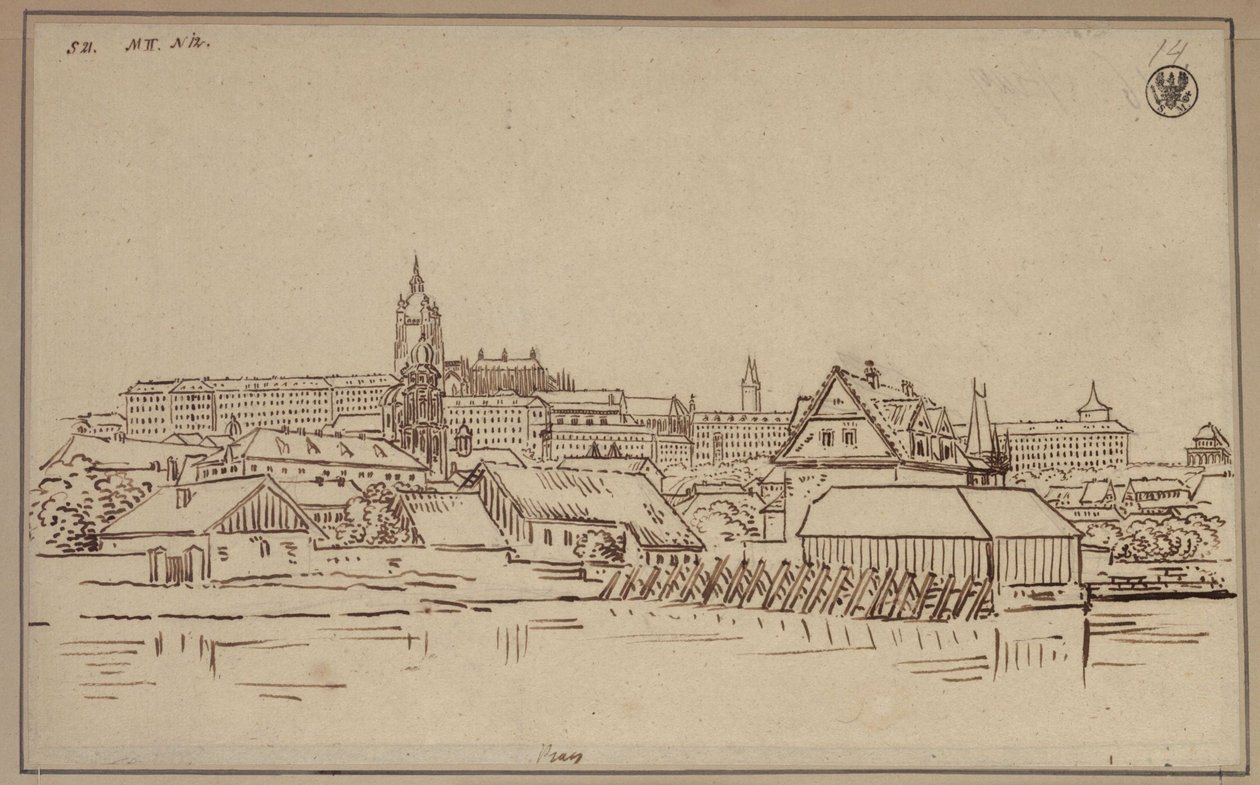 Hradčany i Praha, med bygninger i Malá Strana i forgrunnen av Karl Friedrich Schinkel
