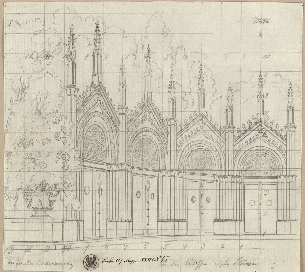 Fyrstene Chawansky. Sørgespill av Ernst Raupach. Utkast til en dekorasjon. Sankt Georgs kapell av Karl Friedrich Schinkel