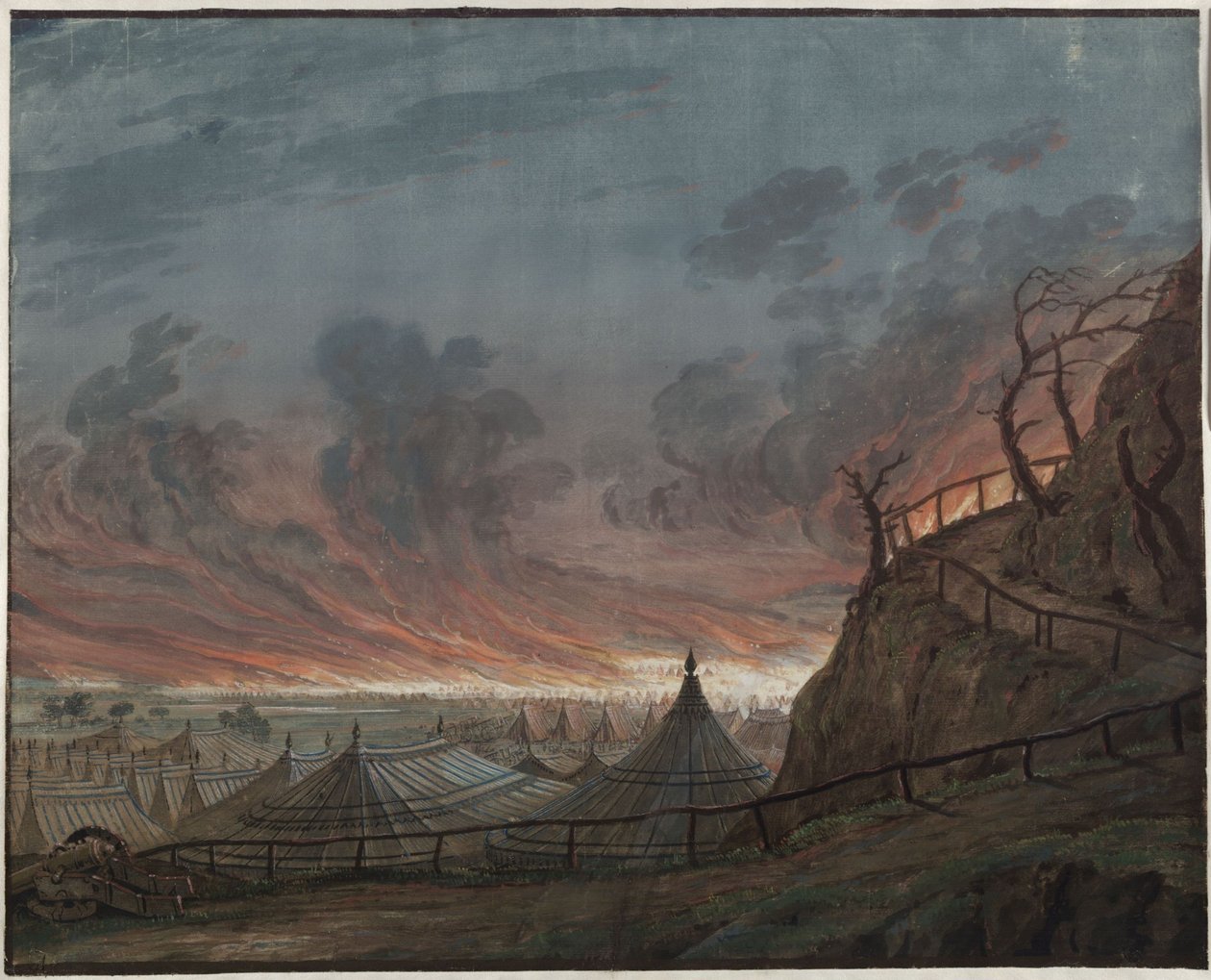 Jomfruen fra Orléans. Tragedie av Friedrich Schiller. Utkast til den 4. dekorasjonen. Engelskmennenes brennende leir av Karl Friedrich Schinkel