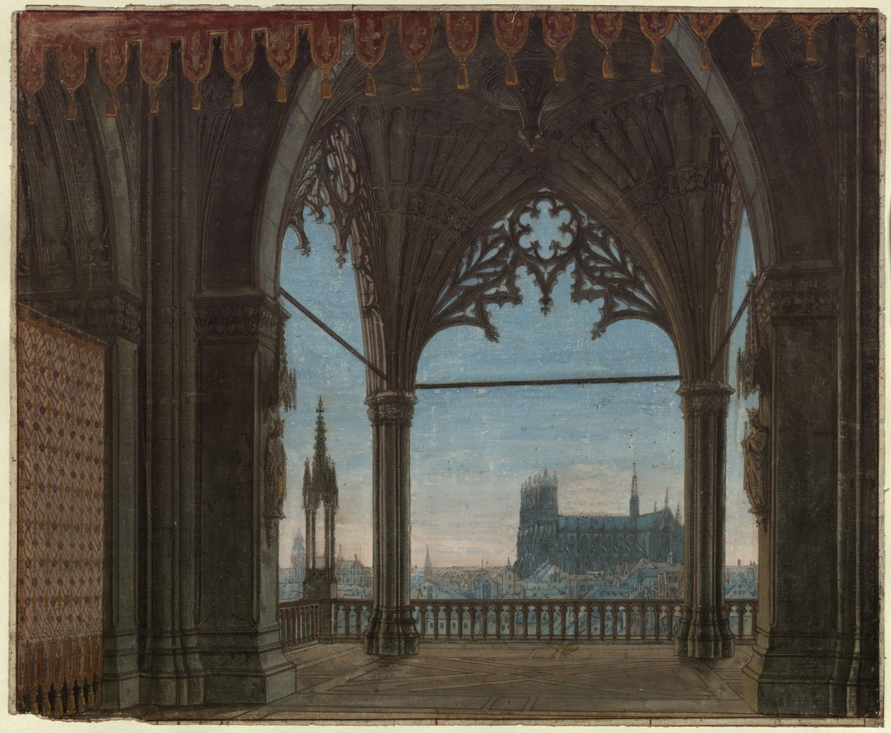 Jomfruen fra Orléans. Sørgespill av Friedrich Schiller. Utkast til den 8. dekorasjonen. Gotisk hall med utsikt over Reims av Karl Friedrich Schinkel