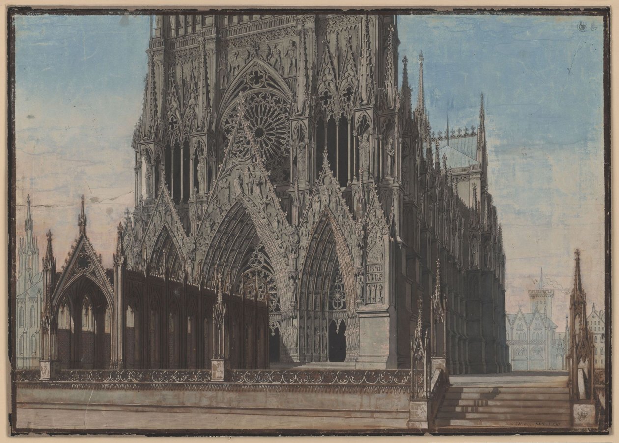 Jomfruen fra Orléans. Sørgespill av Friedrich Schiller. Utkast til den 9. dekorasjonen. Fasade på katedralen i Reims av Karl Friedrich Schinkel