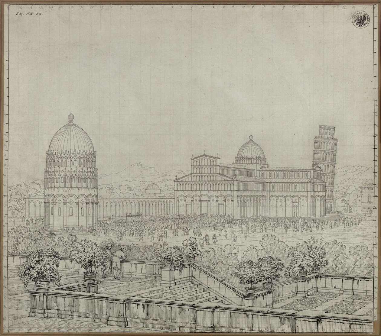 «Katedralen, Det skjeve tårn, Camposanto og dåpskapellet i Pisa» av Karl Friedrich Schinkel