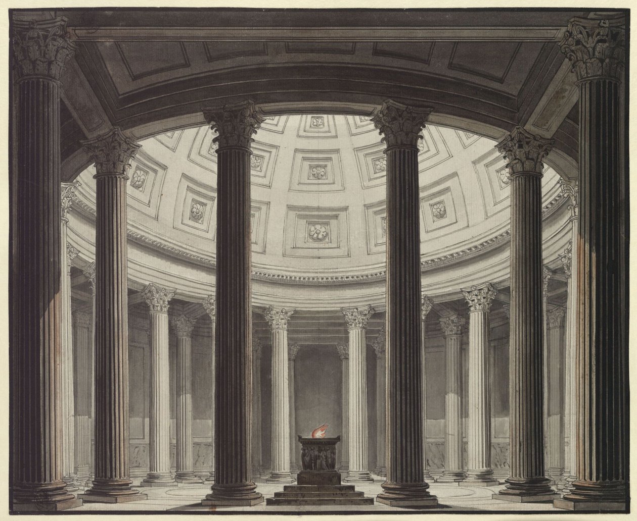 Vestalen. Opera av Gaspare Spontini. Utkast til 2. dekorasjon. Innblikk i Vestas tempel av Karl Friedrich Schinkel