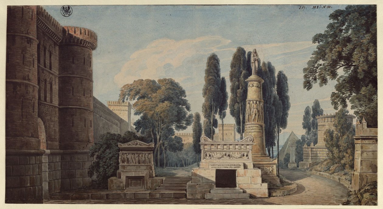 Vestalen. Opera av Gaspare Spontini. Utkast til den 3. dekorasjonen. Utsikt over en antikk romersk gravgate av Karl Friedrich Schinkel