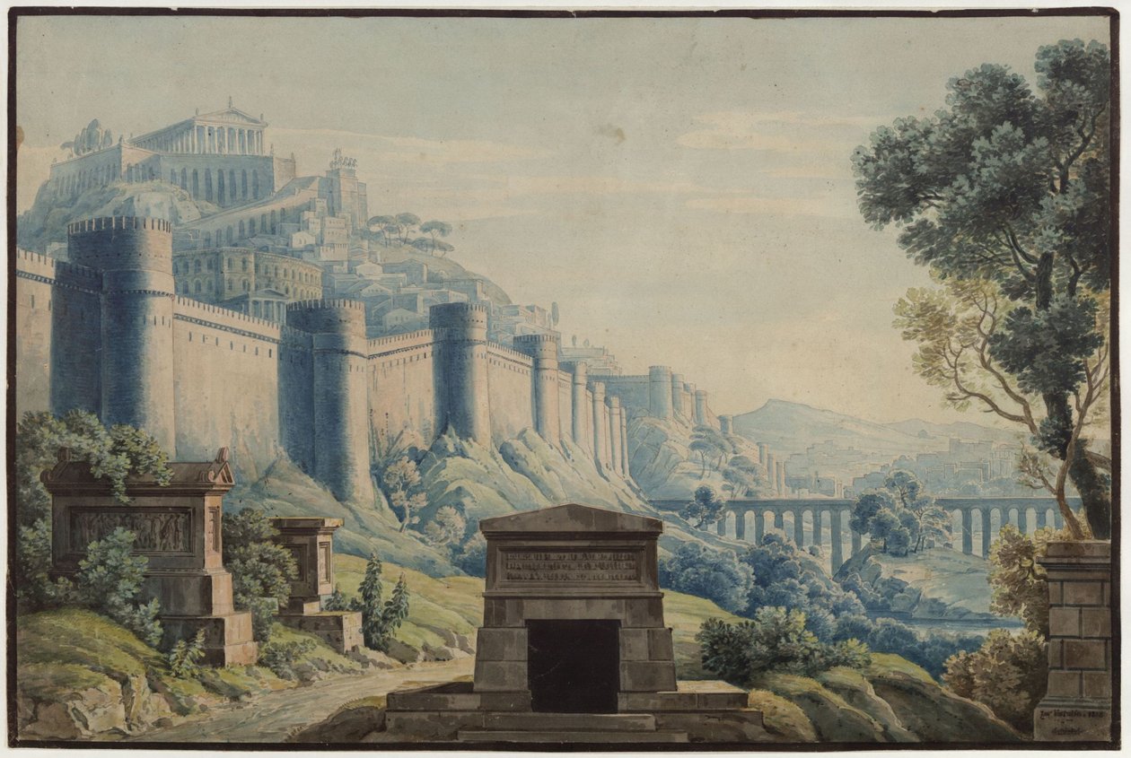 Vestalen. Opera av Gaspare Spontini. Utkast til 3. dekorasjon. Antikkinspirert by på et fjell bak høye murer av Karl Friedrich Schinkel