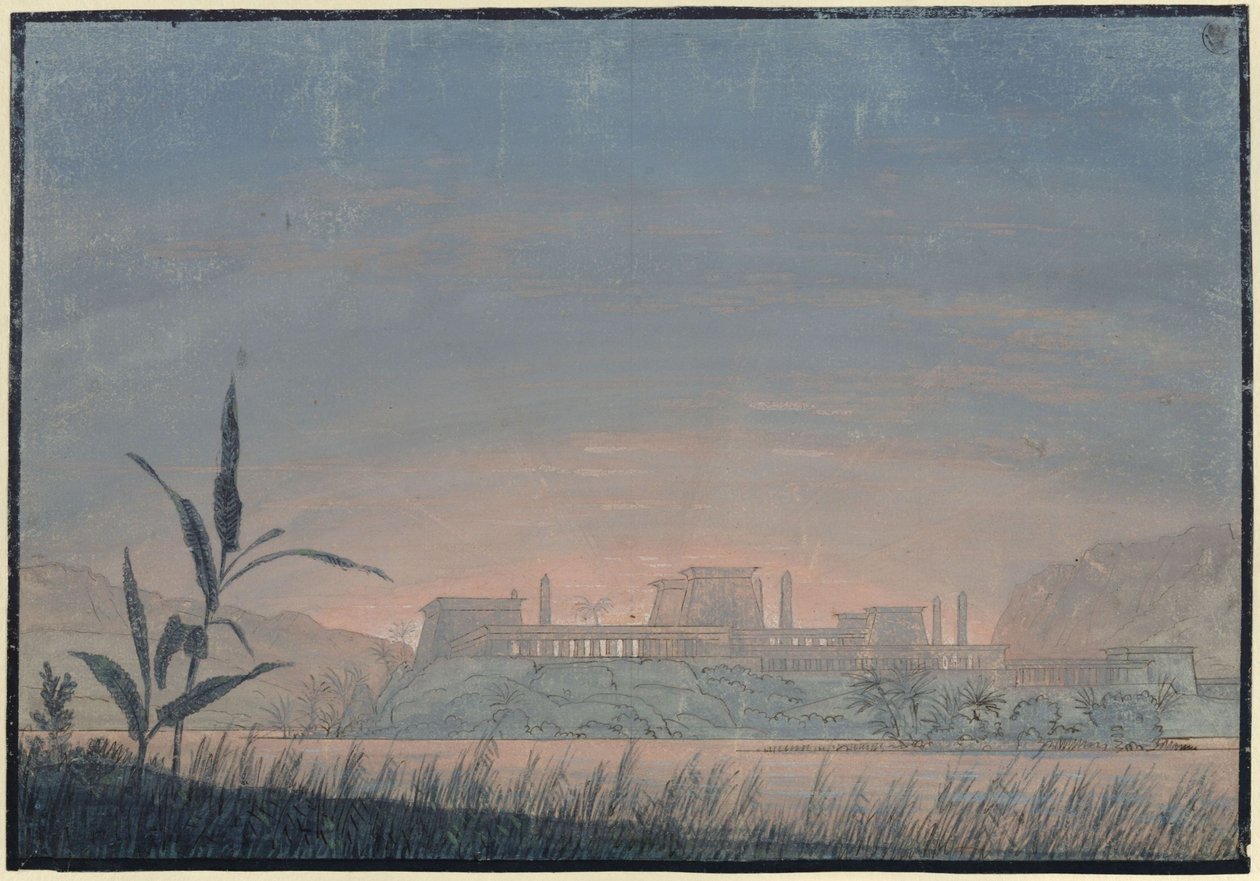 Tryllefløyten. Opera av Wolfgang Amadeus Mozart. Utkast til den 10. dekorasjonen. Landskap med Sarastros borg av Karl Friedrich Schinkel