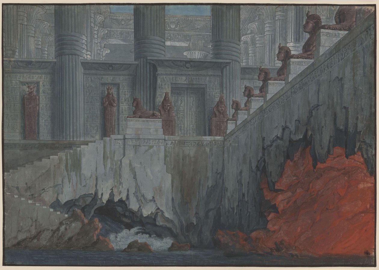 Tryllefløyten. Opera av Wolfgang Amadeus Mozart. Utkast til den 11. dekorasjonen. Ildens og vannets tempel av Karl Friedrich Schinkel