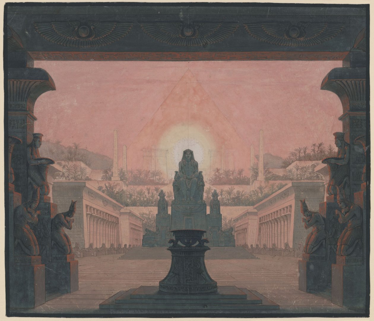 Tryllefløyten. Opera av Wolfgang Amadeus Mozart. Utkast til den 12. dekorasjonen. Sarastros soltempel av Karl Friedrich Schinkel