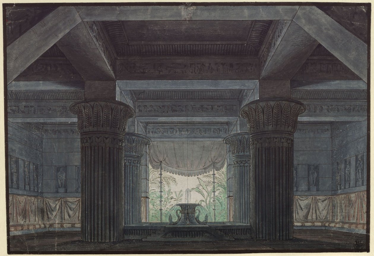 Tryllefløyten. Opera av Wolfgang Amadeus Mozart. Utkast til den 3. dekorasjonen. Sal i Sarastros borg av Karl Friedrich Schinkel