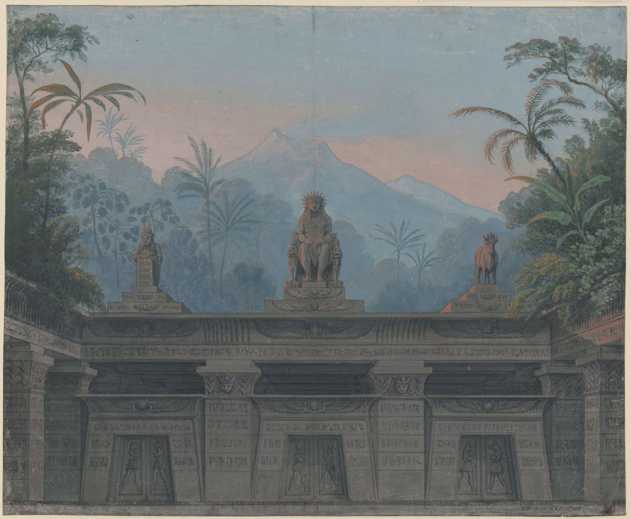 Tryllefløyten. Opera av Wolfgang Amadeus Mozart. Utkast til den 4. dekorasjonen. Forgården til Sarastros tempel av Karl Friedrich Schinkel
