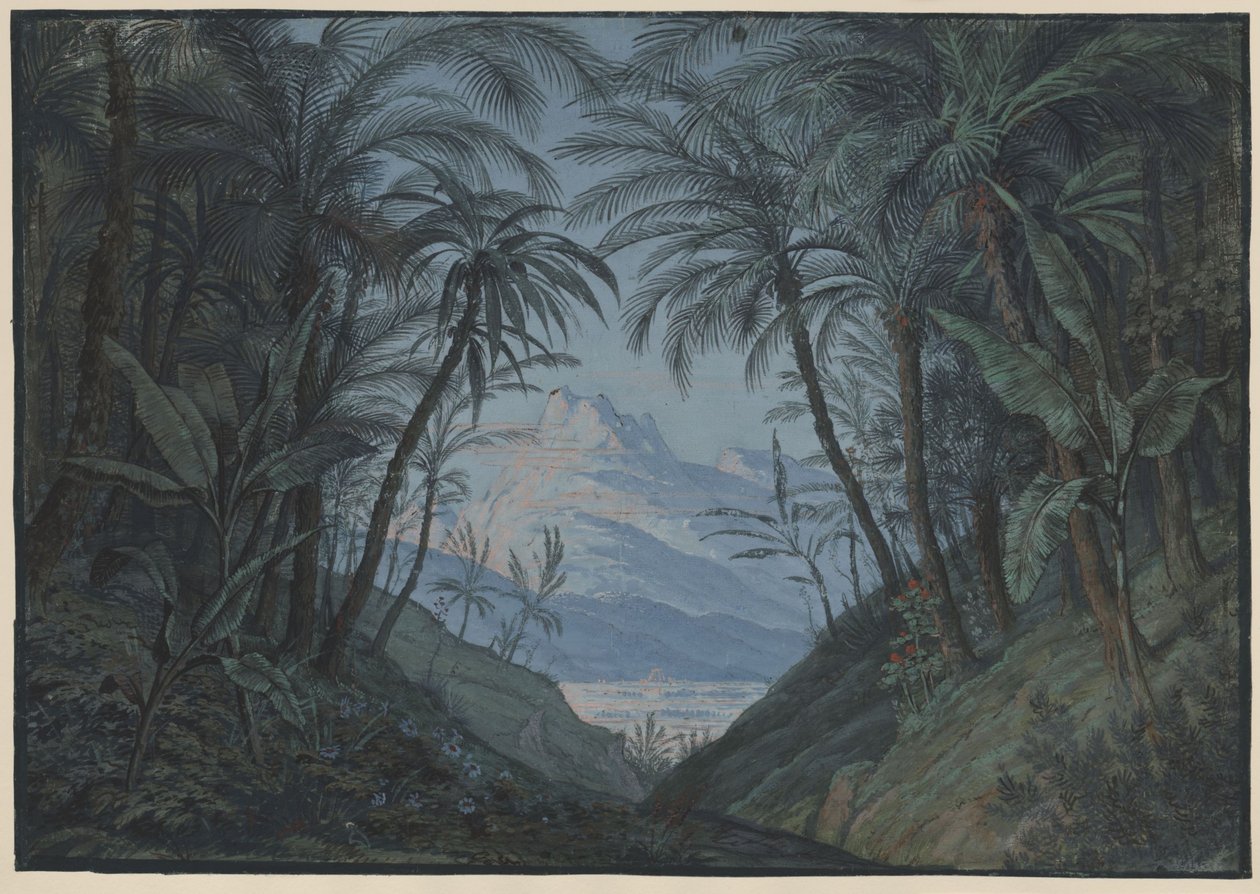 Tryllefløyten. Opera av Wolfgang Amadeus Mozart. Utkast til den 5. dekorasjonen. Palmelund, stedet for prestenes forsamling av Karl Friedrich Schinkel