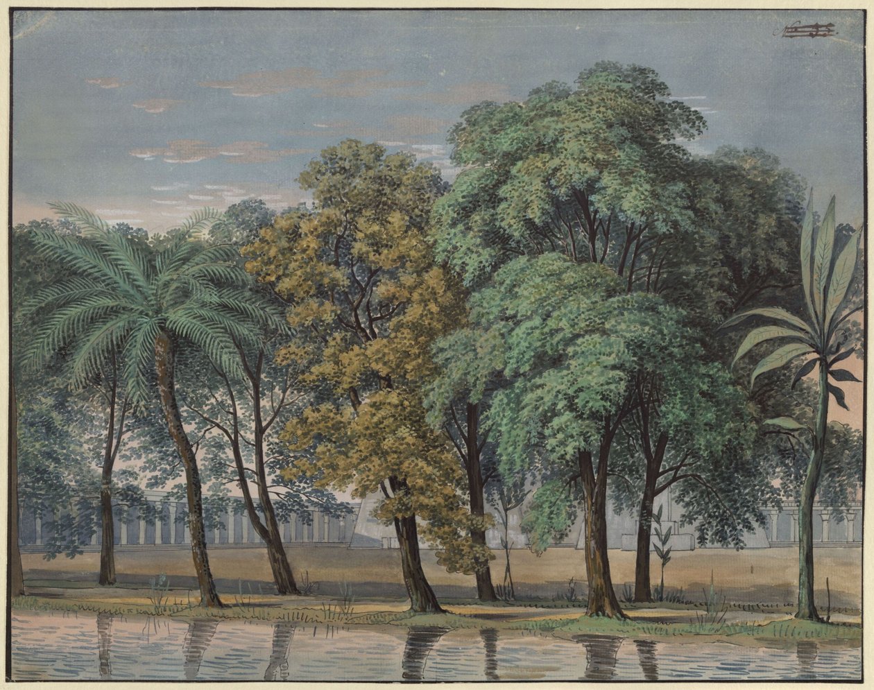 Tryllefløyten. Opera av Wolfgang Amadeus Mozart. Utforming til den 6. dekorasjonen. Forgården til Prøvelsenes tempel av Karl Friedrich Schinkel