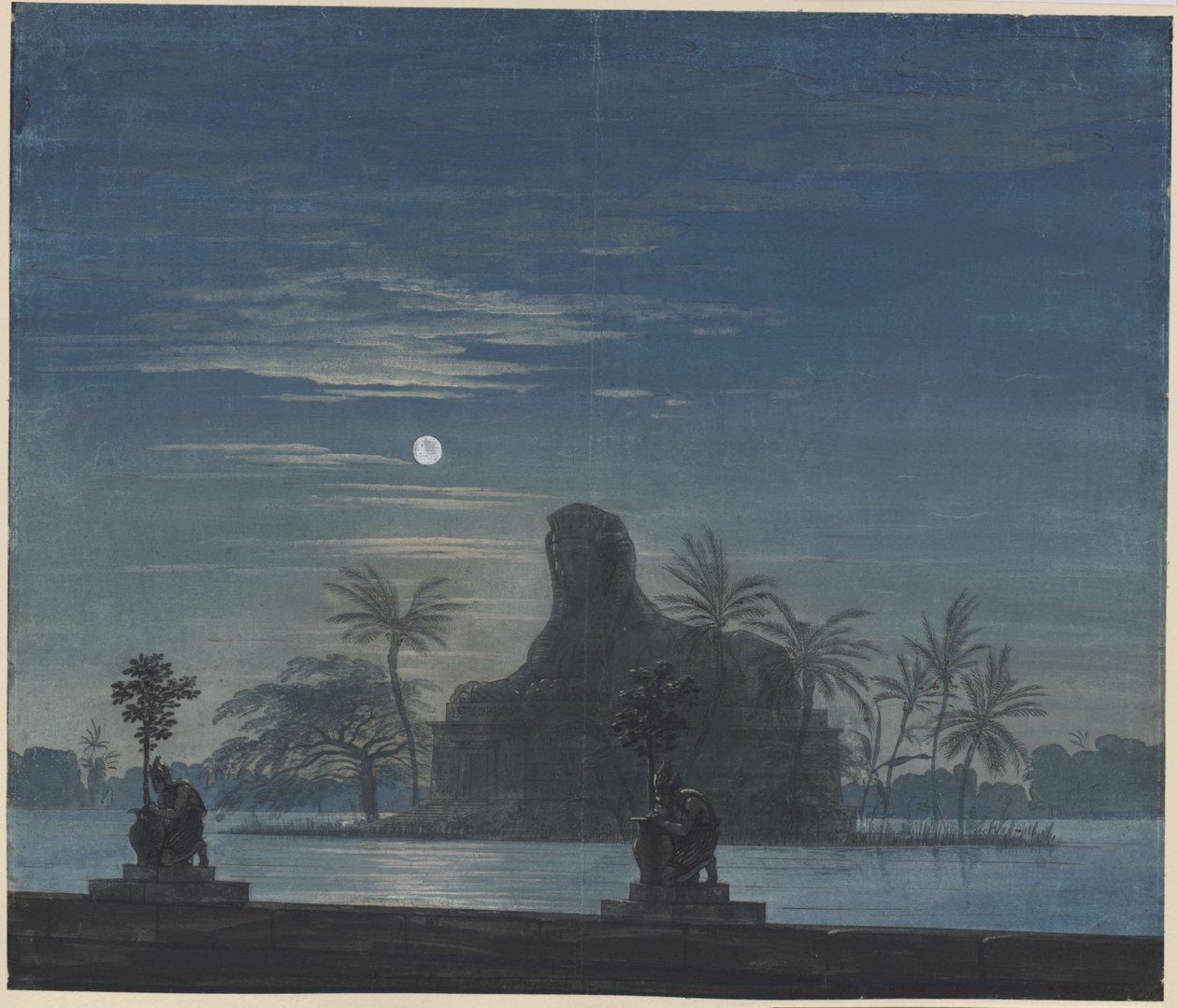 Tryllefløyten. Opera av Wolfgang Amadeus Mozart. Utkast til 7. dekorasjon. Sarastros hage med sfinks i måneskinn av Karl Friedrich Schinkel