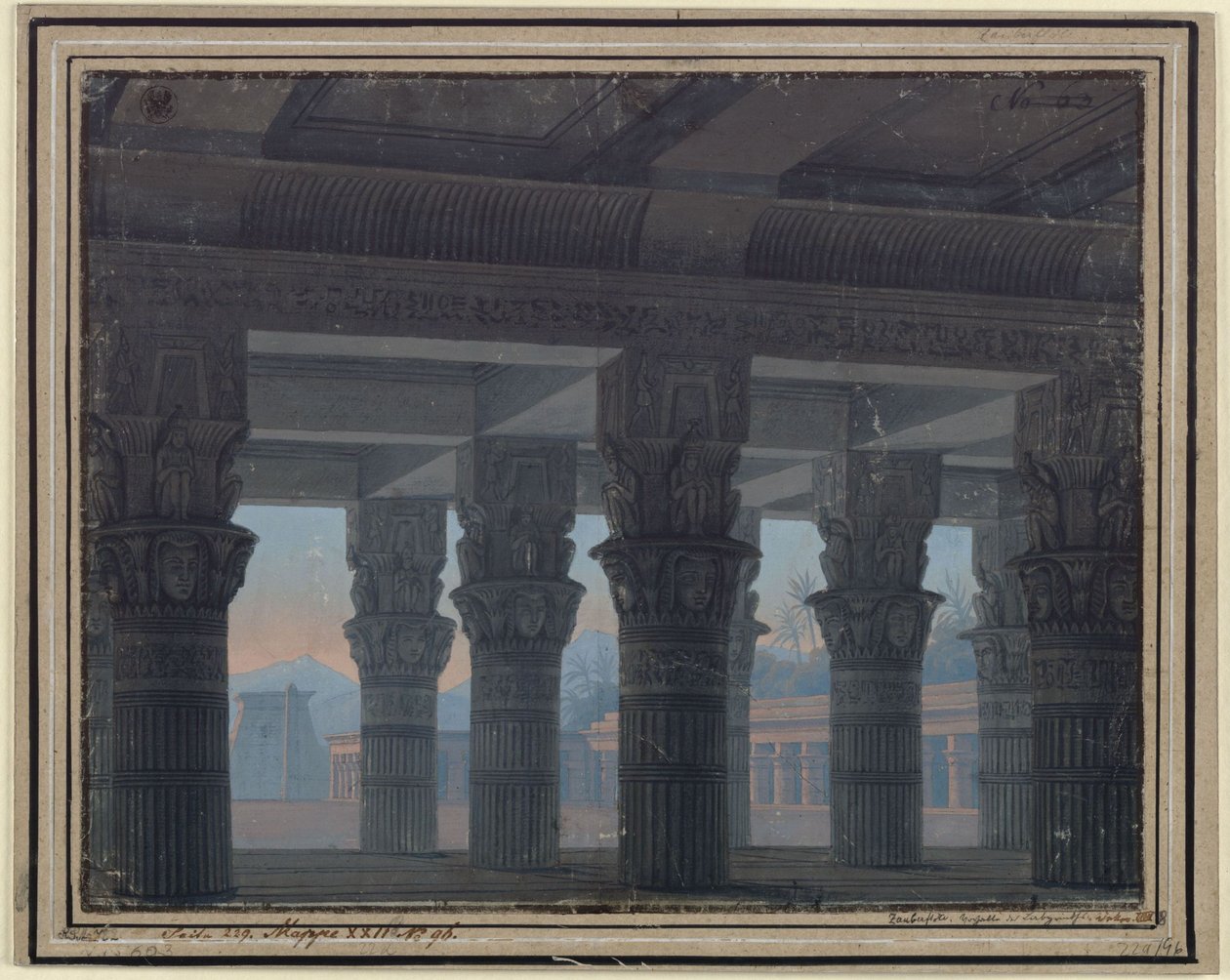 Tryllefløyten. Opera av Wolfgang Amadeus Mozart. Utforming av den 8. dekorasjonen. Labyrintens forhall av Karl Friedrich Schinkel