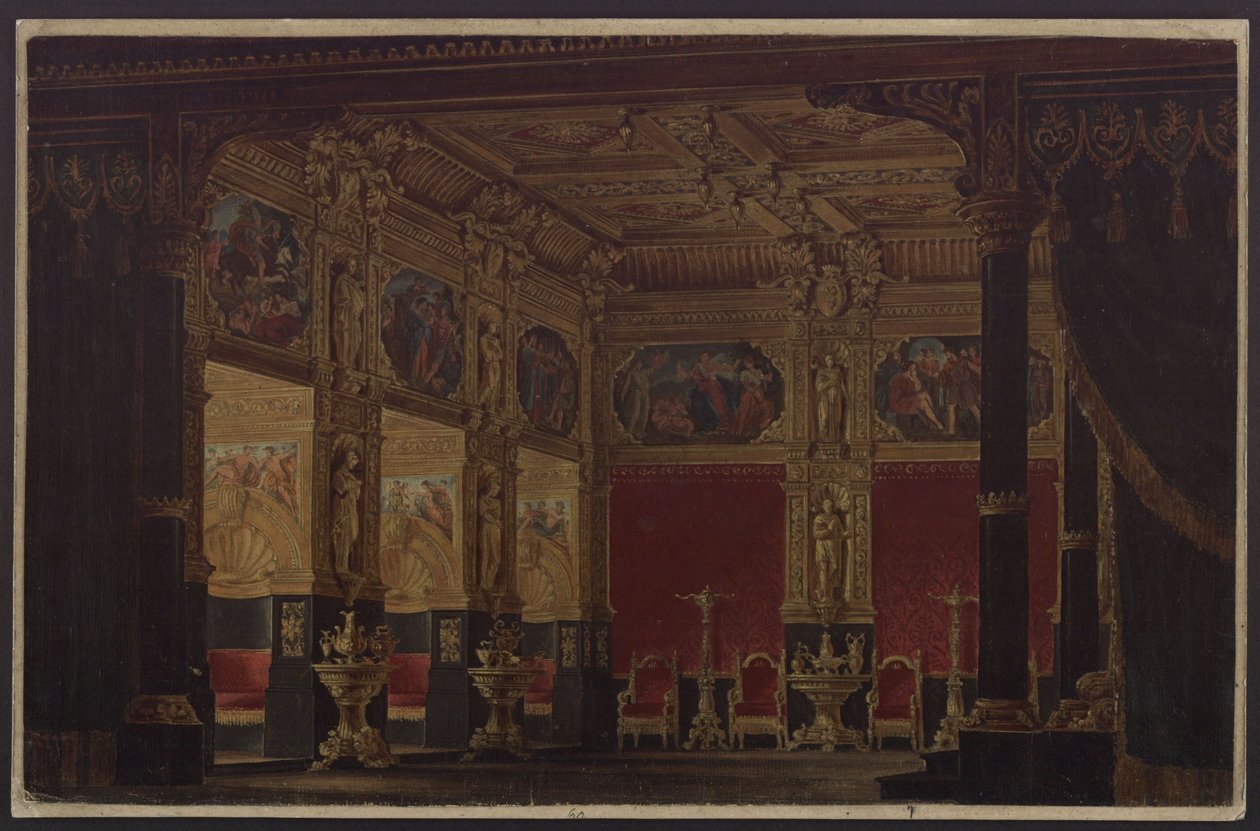 Don Carlos. Sørgespill av Friedrich Schiller. Utkast til 5. dekorasjon. Prinsessen av Ebolis kabinett av Karl Friedrich Schinkel