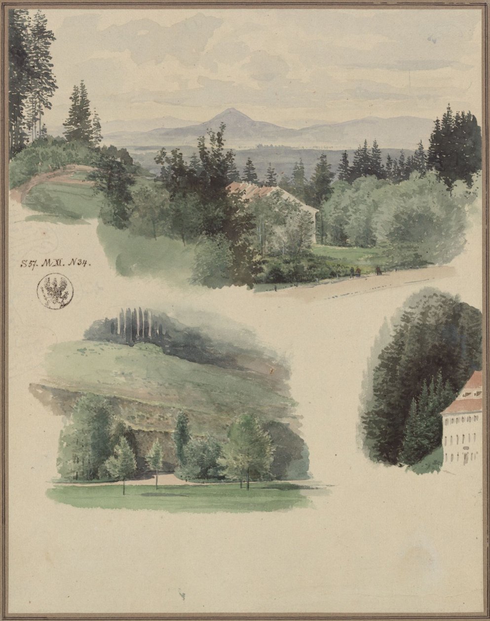 Tre landskapsstudier fra Marienbad i Tsjekkia av Karl Friedrich Schinkel