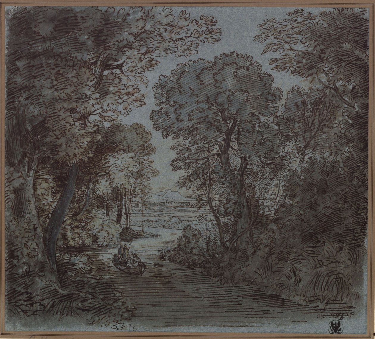 En elv under trær med utsikt mot et fjell i det fjerne av Karl Friedrich Schinkel