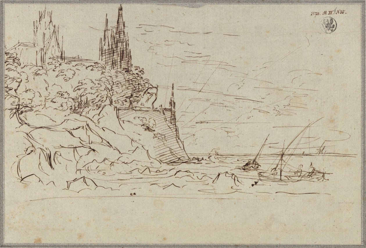 En gotisk kirke ved en bratt havkyst av Karl Friedrich Schinkel