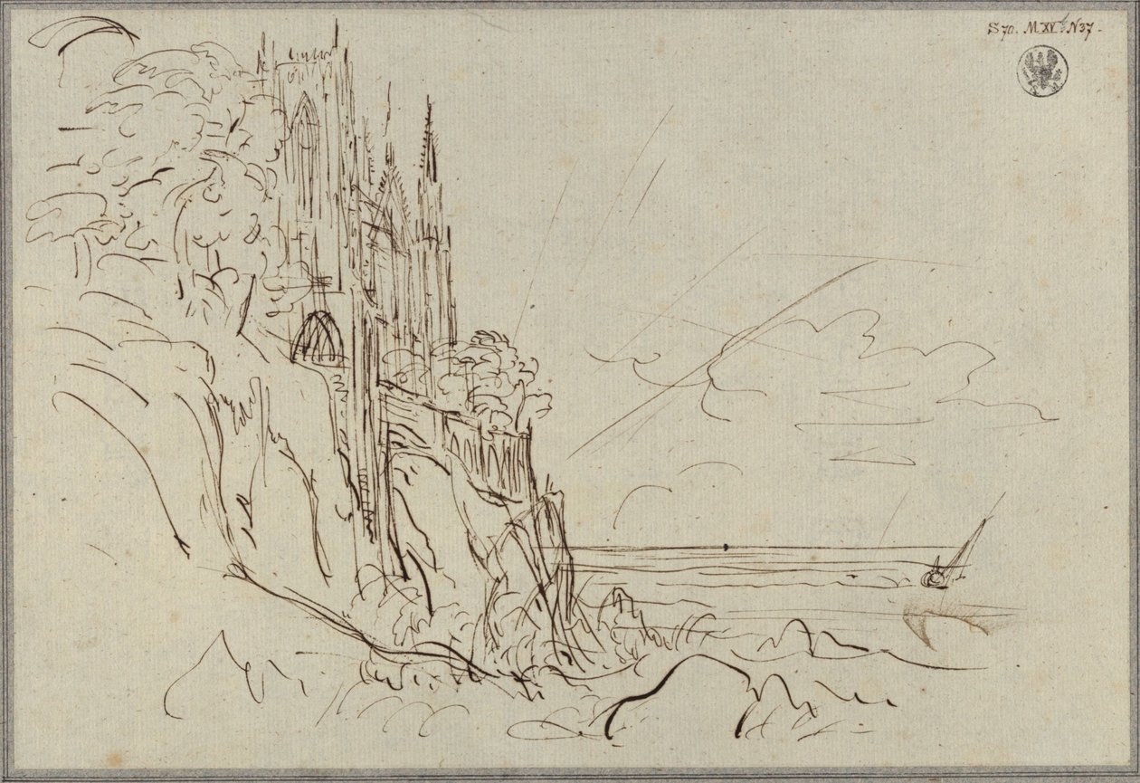 En gotisk kirke på en bratt havkyst foran den oppgående solen av Karl Friedrich Schinkel
