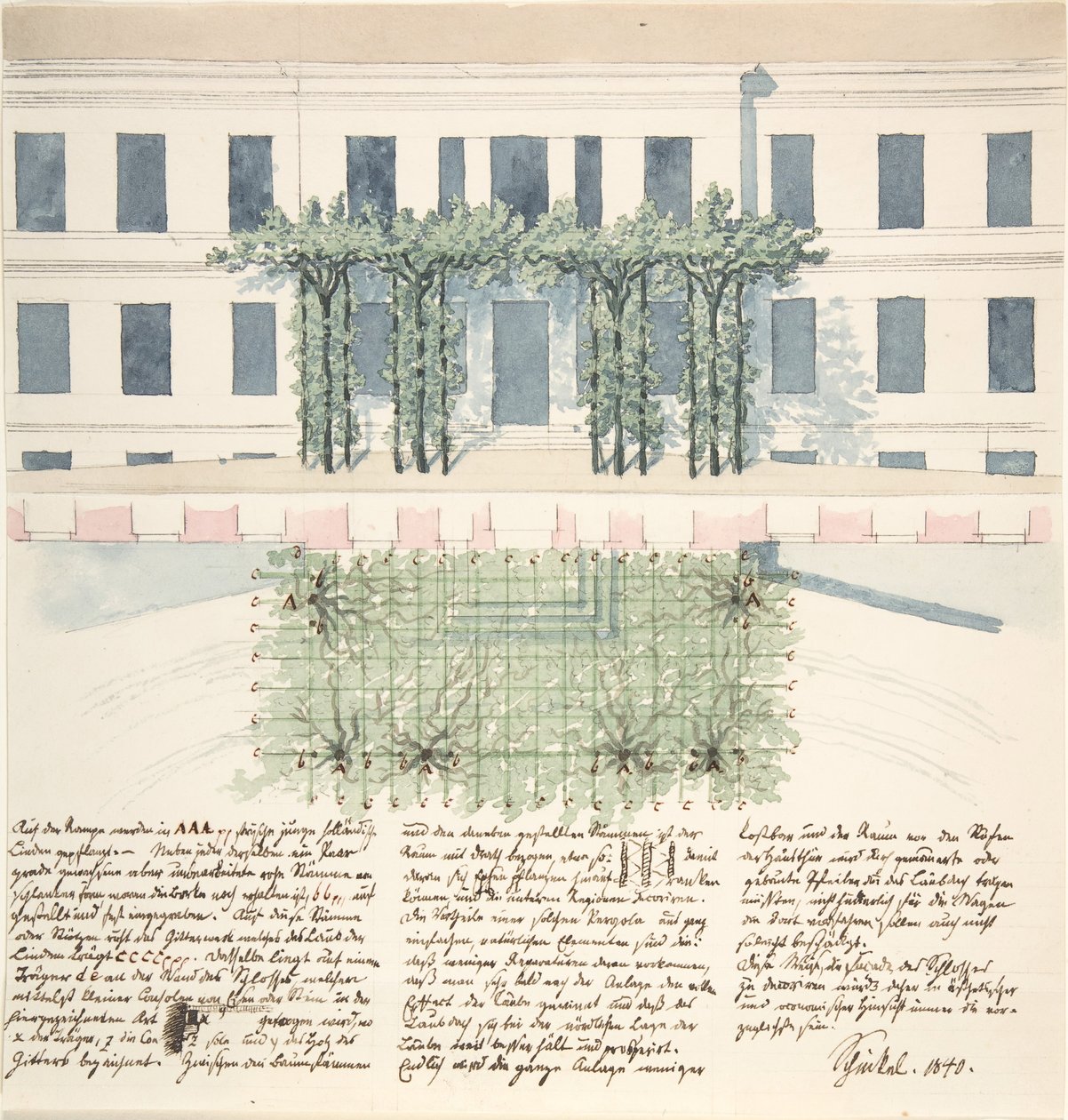 Forhøyning og plan av fasaden til en bygning, 1840. av Karl Friedrich Schinkel