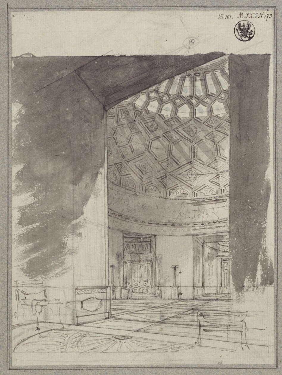 Engelsk landsted. Utsikt inn i kuppelrommet med kassettak av Karl Friedrich Schinkel