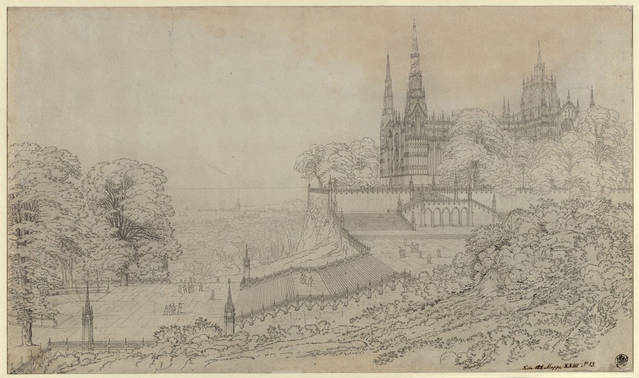 «Utkast til en teaterdekorasjon, en katedral på høyden over en stor by ved havet» / Stor komposisjon slik Milano-katedralen burde være plassert av Karl Friedrich Schinkel