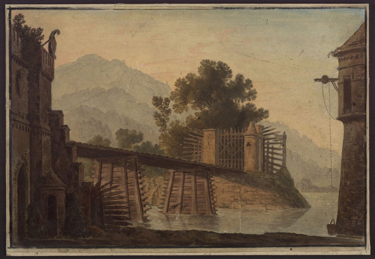 Faniska. Opera av Luigi Cherubini. Utkast til 3. dekorasjon. Bro over en innsjø av Karl Friedrich Schinkel