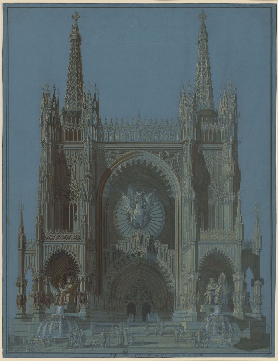 Fasade på en gotisk katedral med to tårn av Karl Friedrich Schinkel
