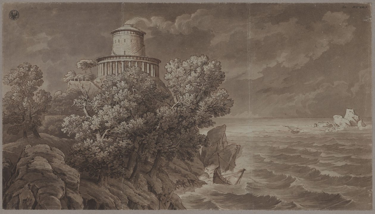 Klippete kyst med et fyr i antikk stil i urolig sjø av Karl Friedrich Schinkel