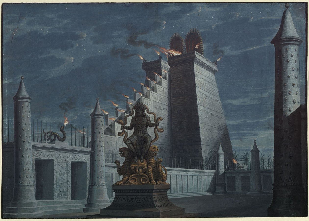 Fernand Cortez, eller: Erobringen av Mexico. Opera av Gaspare Spontini. Utkast til 1. dekorasjon. Indiansk ildtempel av Karl Friedrich Schinkel