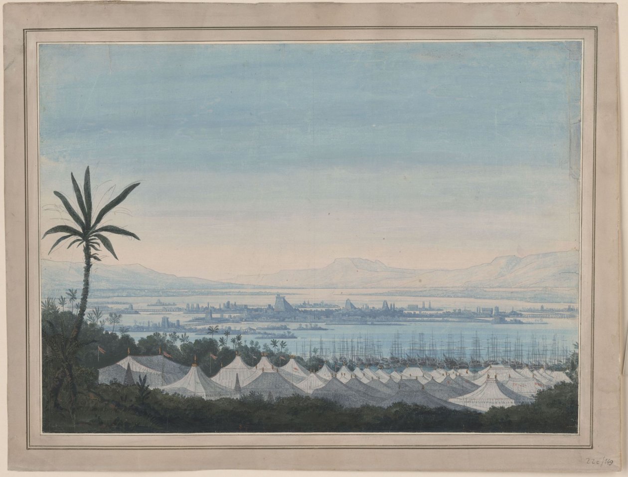 Fernand Cortez, eller: Erobringen av Mexico. Opera av Gaspare Spontini. Utkast til den 2. dekorasjonen. Utsikt over Mexico by og spanjolenes leir av Karl Friedrich Schinkel