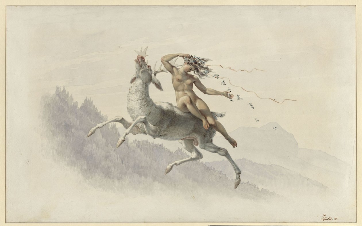 Kvinne på en hjort som svever i luften av Karl Friedrich Schinkel