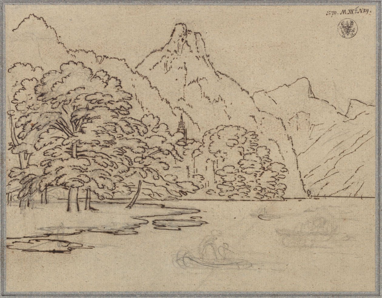 Fjellandskap med innsjø, trolig Traunsee med Kleiner Sonnstein av Karl Friedrich Schinkel