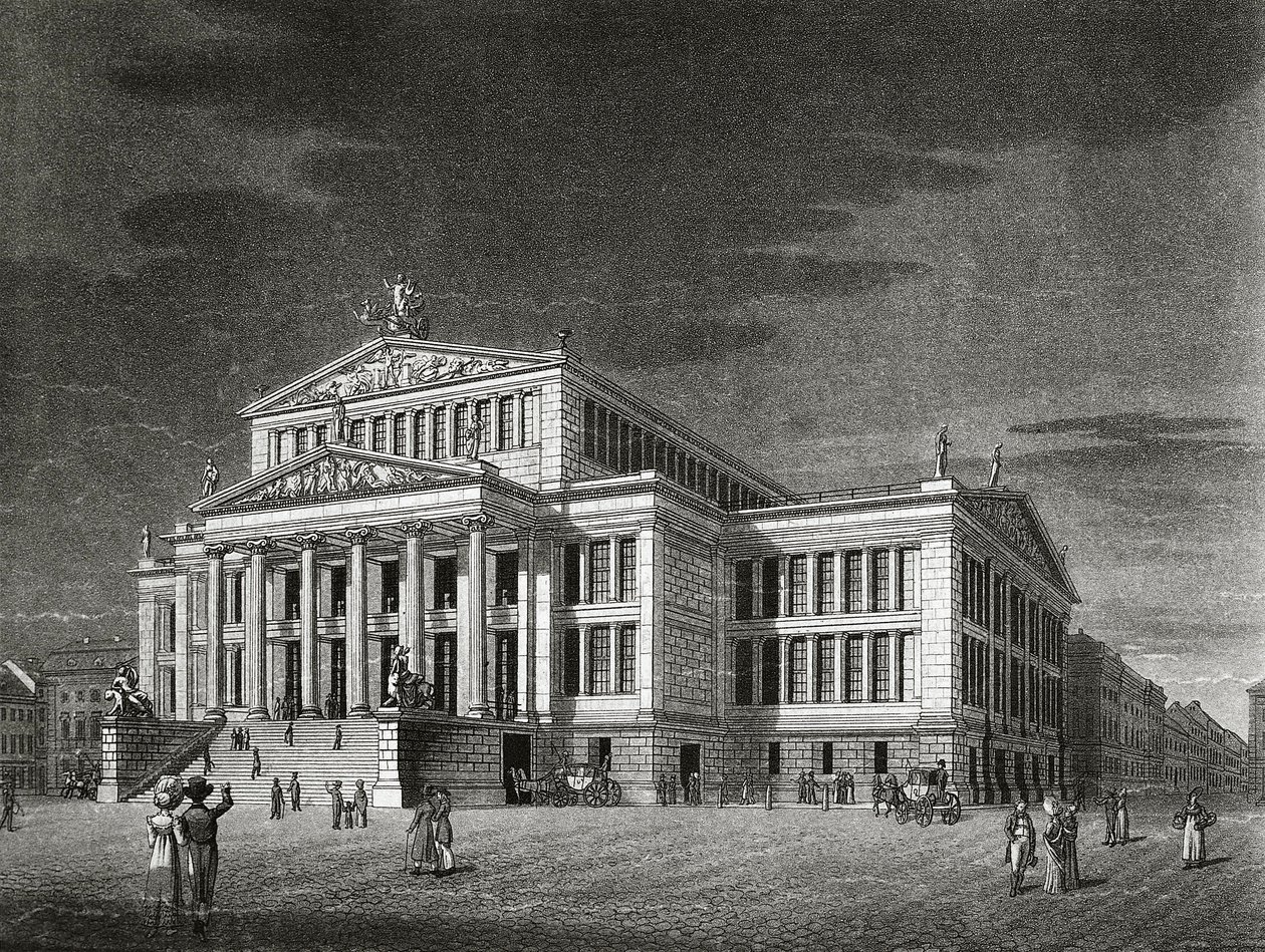 Tyskland, Berlin, Utsikt over Schauspielhaus (konsertsal), gravering av Karl Friedrich Schinkels (1781-1841) av Karl Friedrich Schinkel