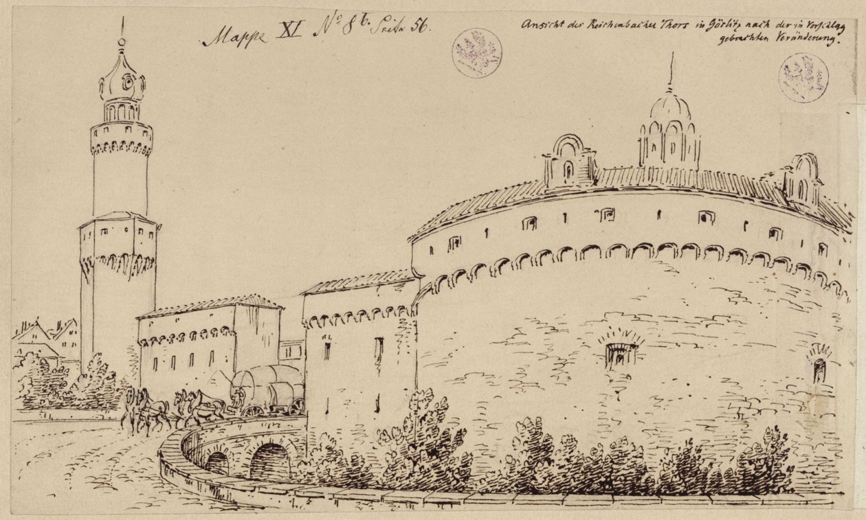 Görlitz. Utsikt over Kaisertrutz og Reichenbacher-porten av Karl Friedrich Schinkel