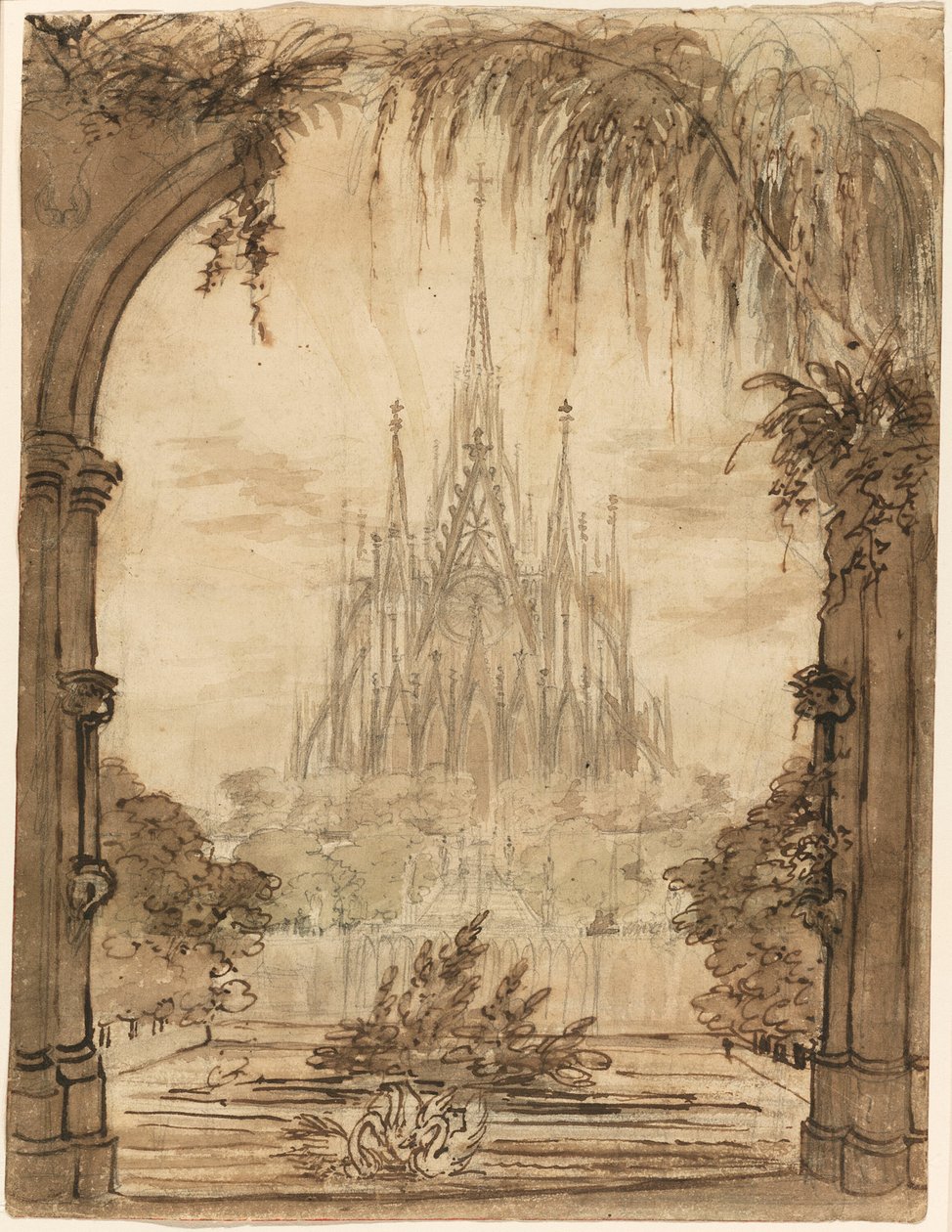 Gotisk katedral bak en dam med svaner av Karl Friedrich Schinkel