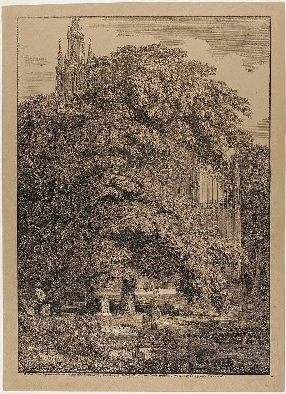 Gotisk kirke bak en eikelund med graver av Karl Friedrich Schinkel