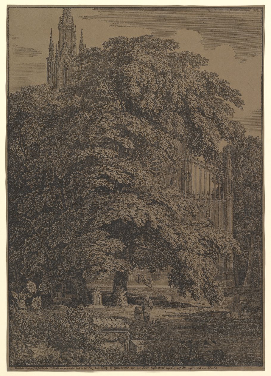 Gotisk kirke skjult av et tre av Karl Friedrich Schinkel