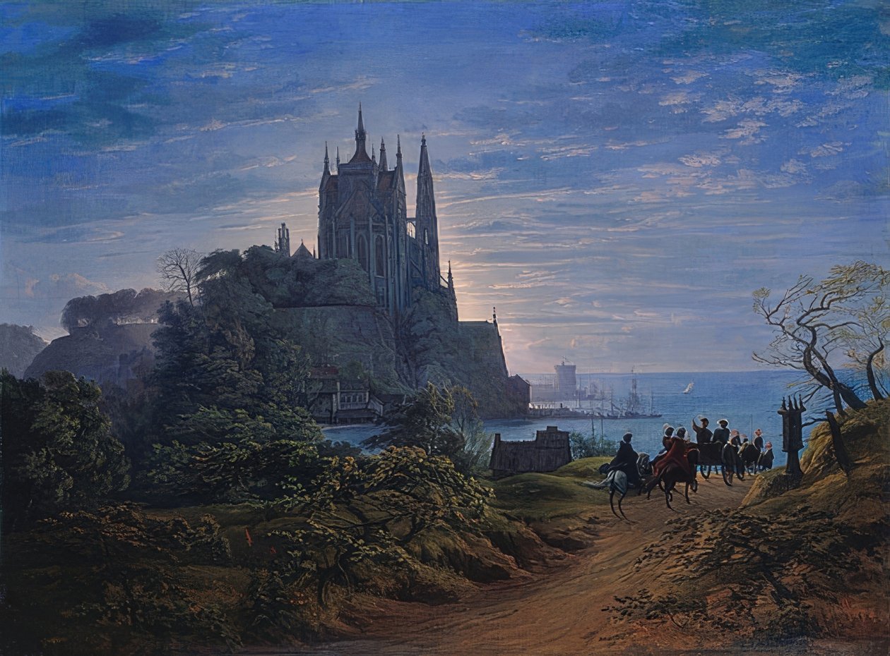 Gotisk kirke på en stein ved sjøen. 1815 av Karl Friedrich Schinkel
