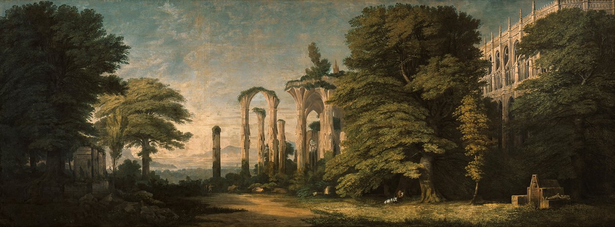 Gotisk klosterruin og tregrupper av Karl Friedrich Schinkel