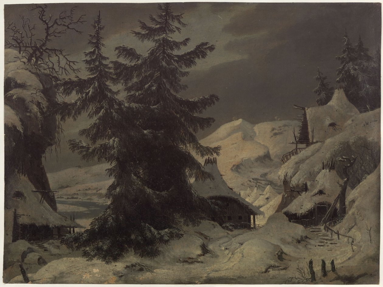 Grev Benjowski, eller Sammensvergelsen på Kamtsjatka. Skuespill av August von Kotzebue. Utkast til den 2. dekorasjonen. Landsby med snølandskap av Karl Friedrich Schinkel